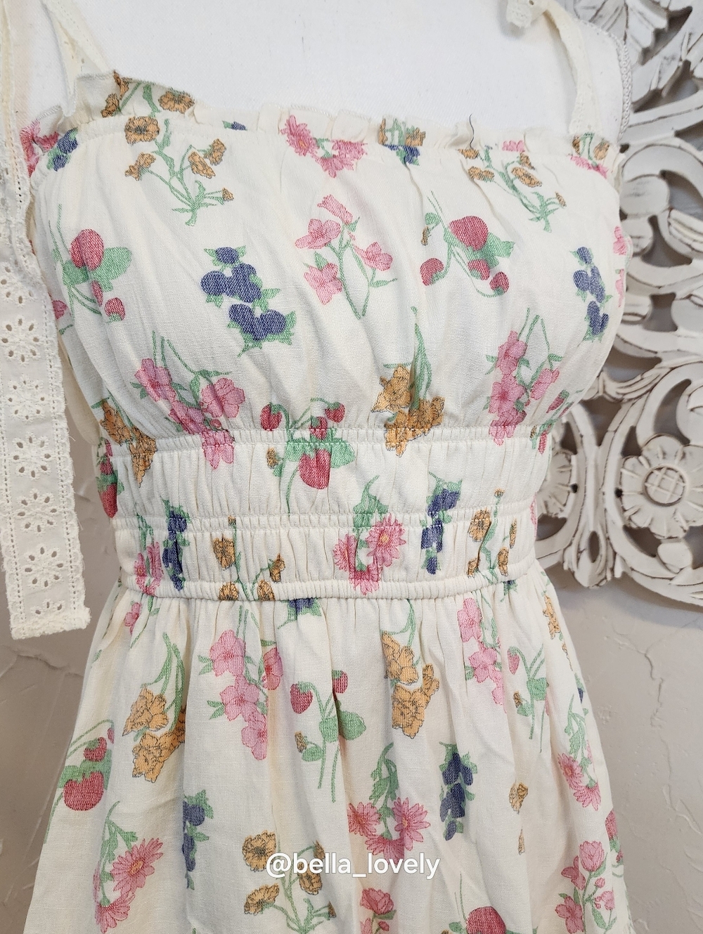 Adorable Spring Lace Strapped Ivory Floral Tie-Shoulder Sundress - Picture 6 of 9